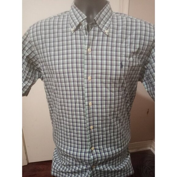 Ralph Lauren Plaid Andy Camp Button Down Short Sleeve Shirt Small S Green Blue - Picture 1 of 11